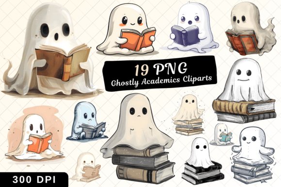 Cute Ghost Reading Book Sublimation Clipart