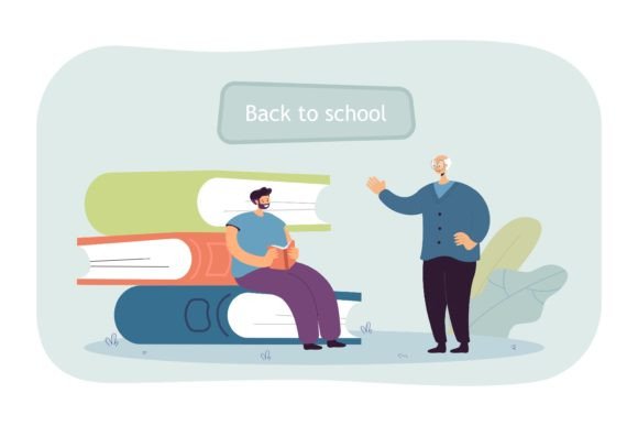 Elderly Cartoon Person Teaching Male Student