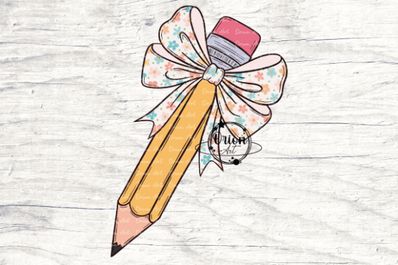 Pencil with a Retro Flower Bow Png