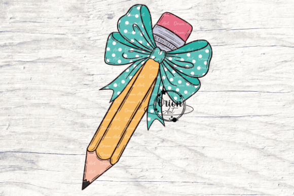 Pencil with a Teal Bow Png Clipart